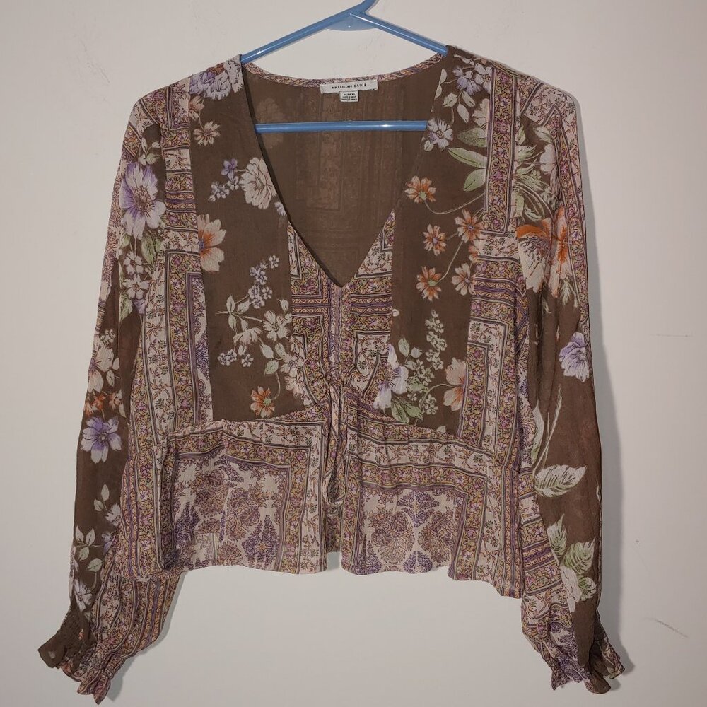 American Eagle V-Neck Long Sleeves Floral Peplum Blouse Sz M Brown
